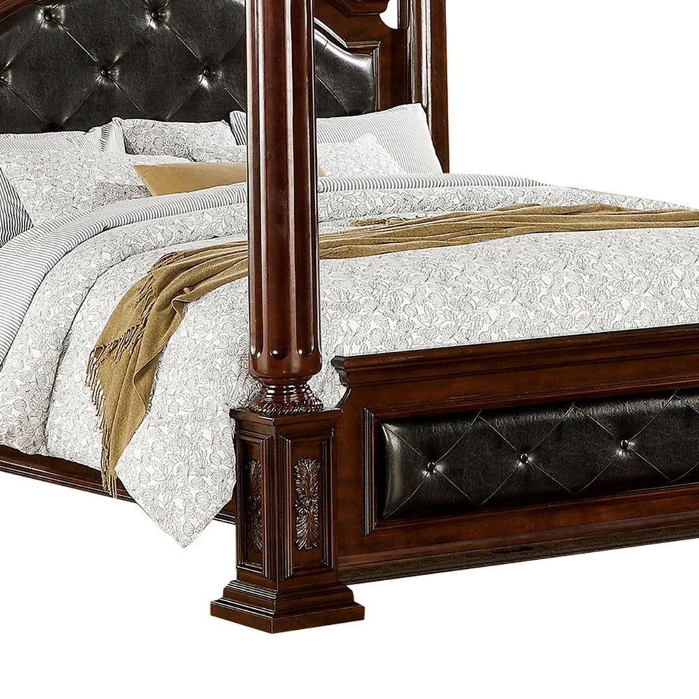 Queen Canopy Bed with Leatherette Headboard and Footboard, Black and Brown - BM217767
