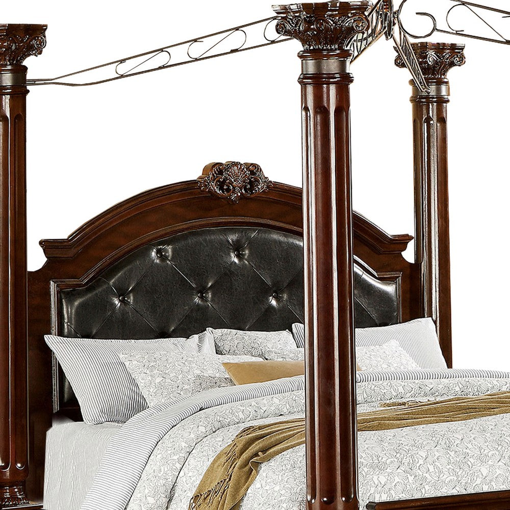 Queen Canopy Bed with Leatherette Headboard and Footboard, Black and Brown - BM217767