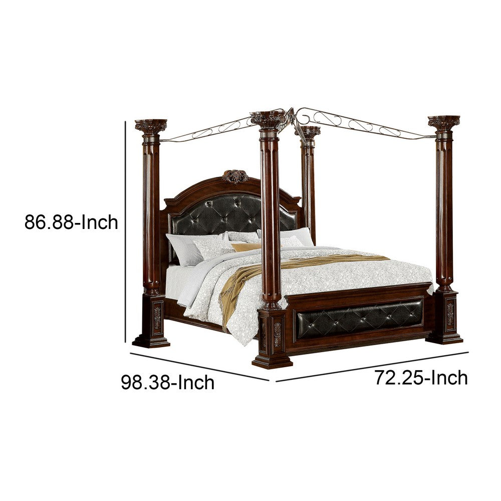 Queen Canopy Bed with Leatherette Headboard and Footboard, Black and Brown - BM217767