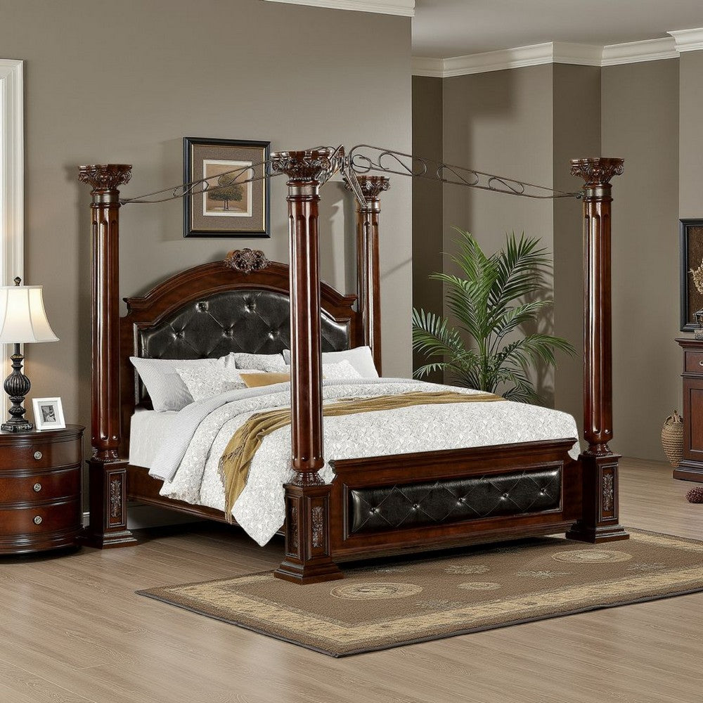 Queen Canopy Bed with Leatherette Headboard and Footboard, Black and Brown - BM217767