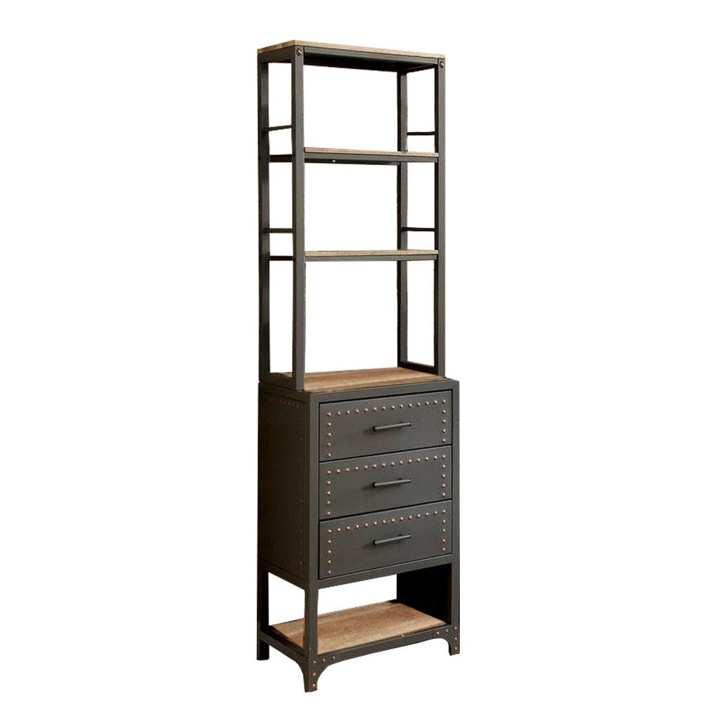Wood and Metal Pier Cabinet with Studded Accents and Storage Spaces, Gray - BM217802