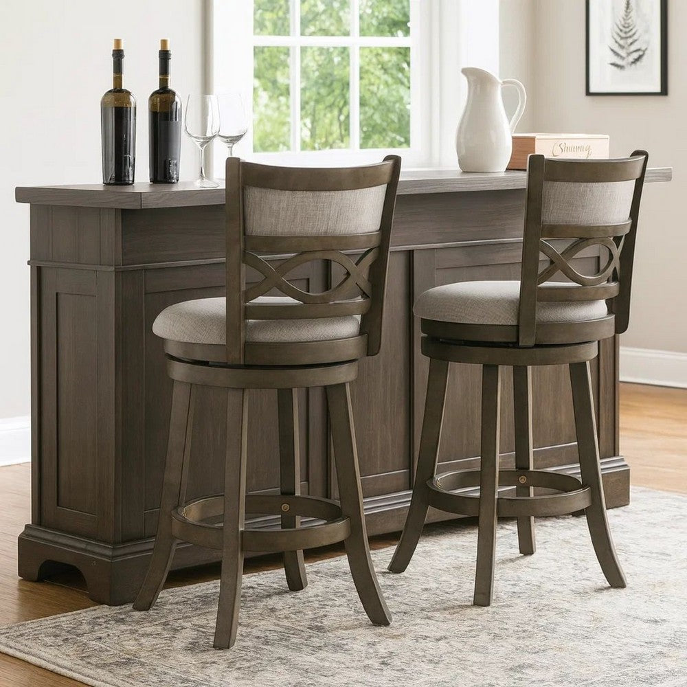 Curved Lattice Back Swivel Counter Stool with Fabric Seat, Antique Gray - BM218142