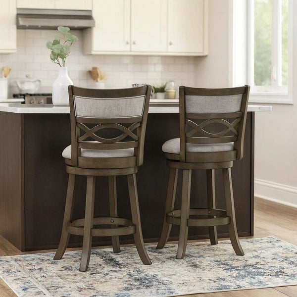 Curved Lattice Back Swivel Counter Stool with Fabric Seat, Antique Gray - BM218142