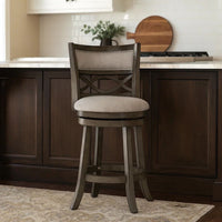 Curved Lattice Back Swivel Counter Stool with Fabric Seat, Antique Gray - BM218142