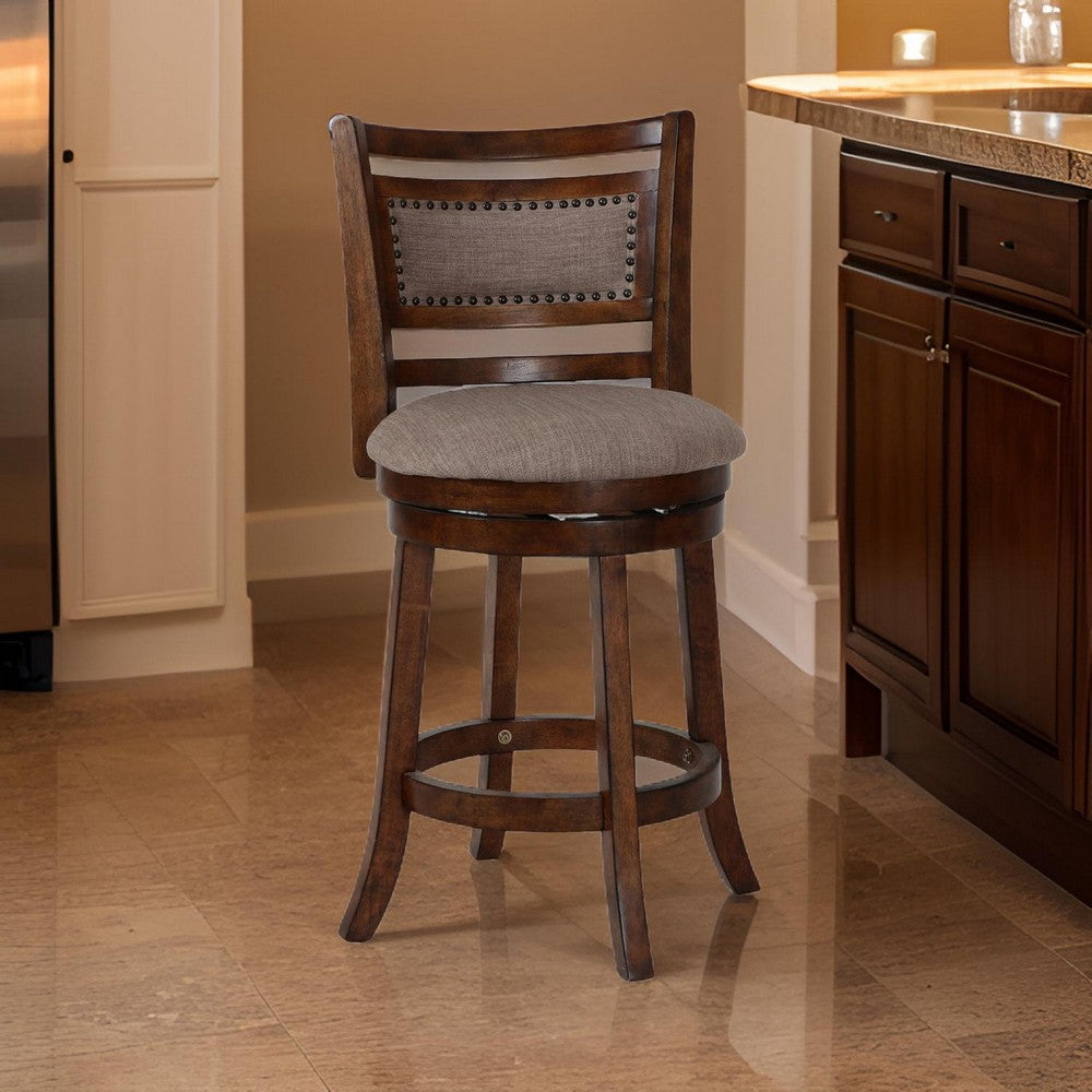 Curved Swivel Counter Stool with Fabric Padded Seating, Brown and Beige - BM218145