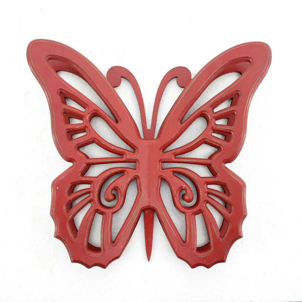 Wooden Butterfly Wall Plaque with Cutout Detail, Red - BM218333