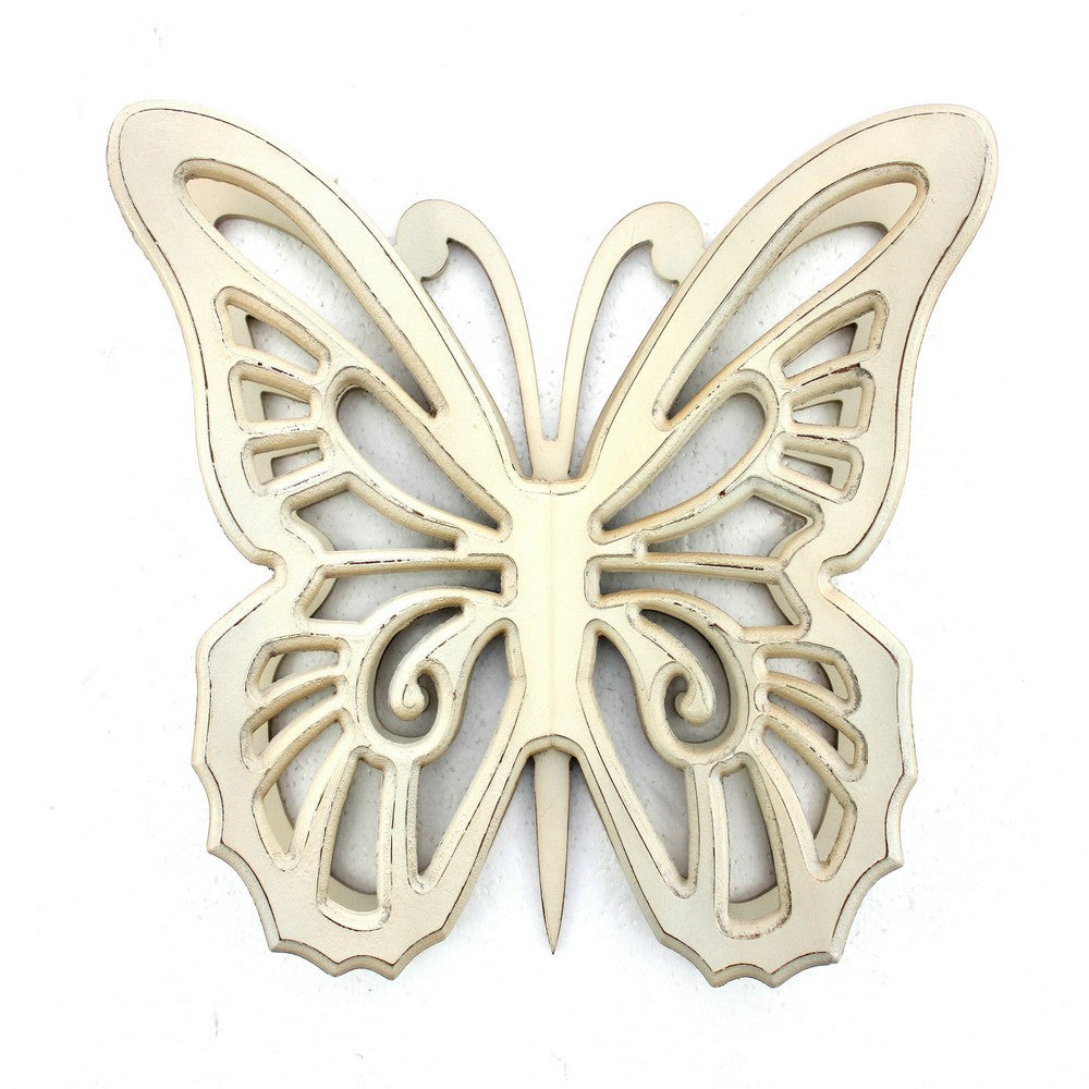 Wooden Butterfly Wall Plaque with Cutout Detail, White - BM218334