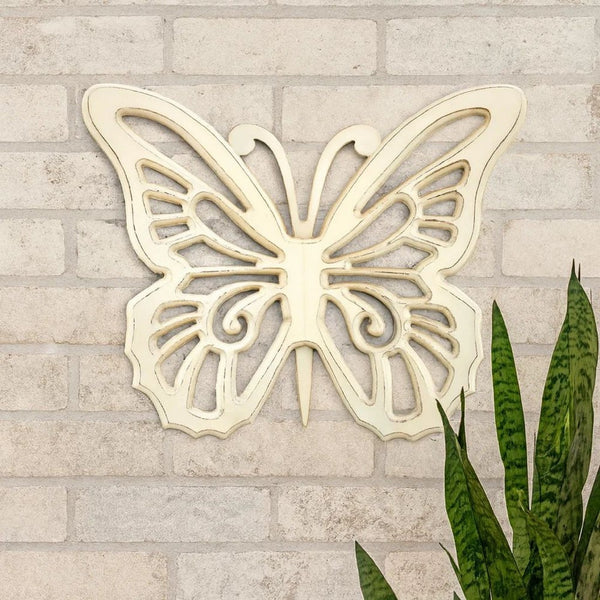 Wooden Butterfly Wall Plaque with Cutout Detail, White - BM218334