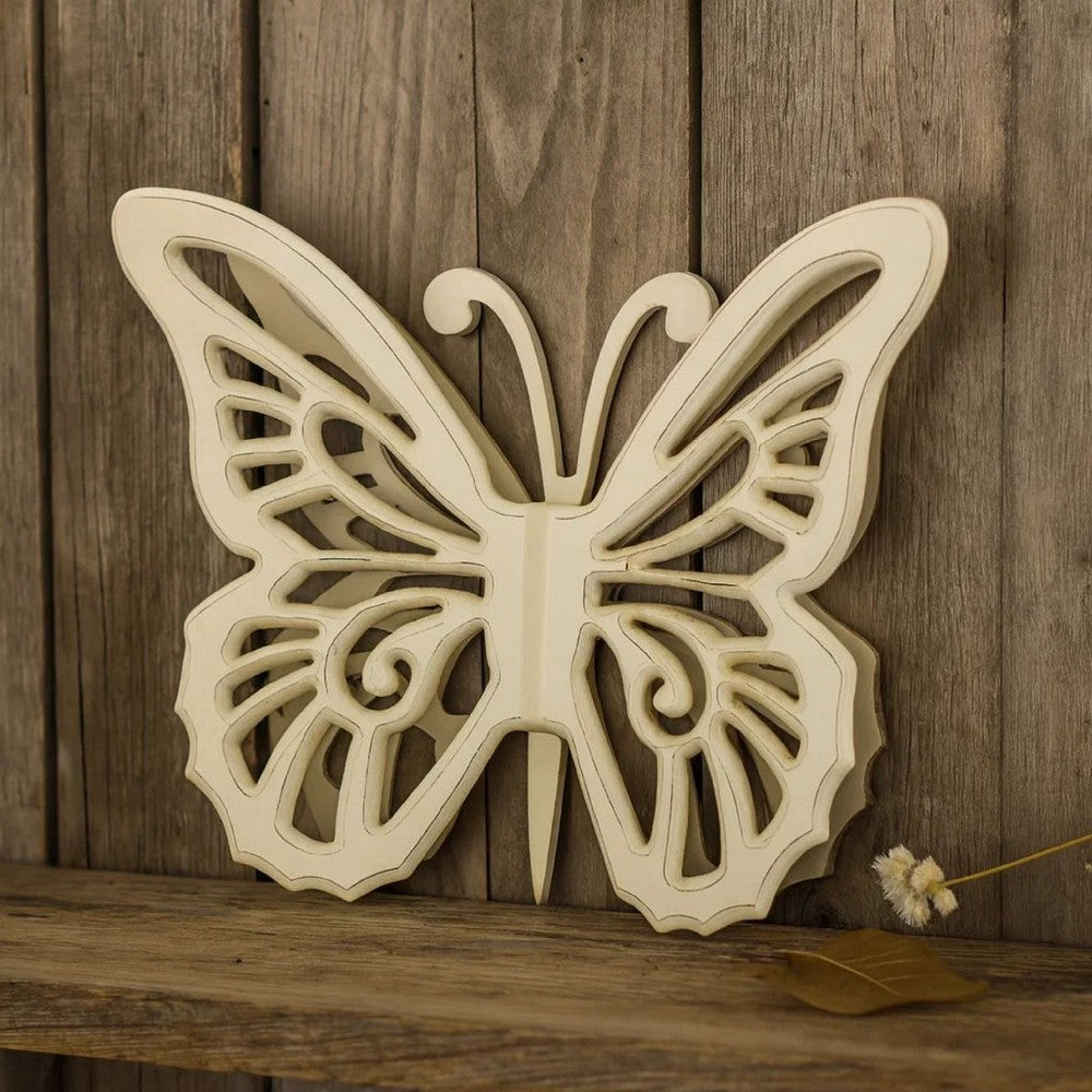 Wooden Butterfly Wall Plaque with Cutout Detail, White - BM218334
