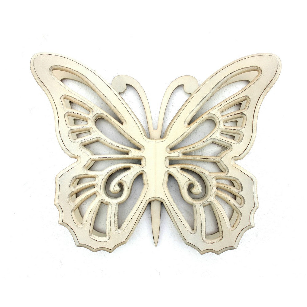 Wooden Butterfly Wall Plaque with Cutout Detail, White - BM218334