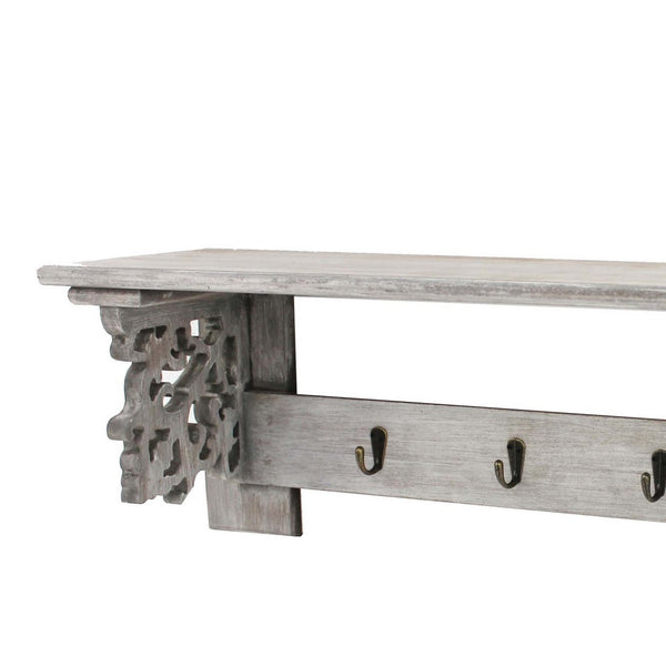 Wooden Wall Shelf with 4 Metal Hooks and Carved Side Frames, Gray - BM218335