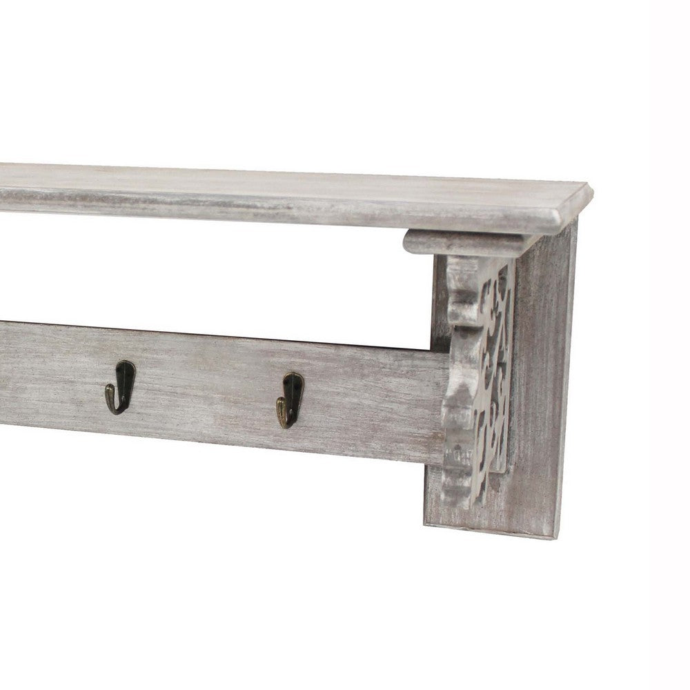 Wooden Wall Shelf with 4 Metal Hooks and Carved Side Frames, Gray - BM218335