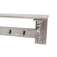 Wooden Wall Shelf with 4 Metal Hooks and Carved Side Frames, Gray - BM218335