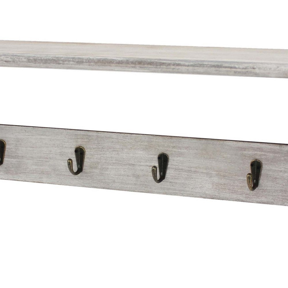 Wooden Wall Shelf with 4 Metal Hooks and Carved Side Frames, Gray - BM218335