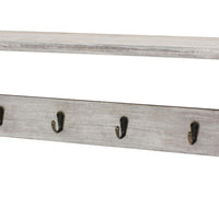 Wooden Wall Shelf with 4 Metal Hooks and Carved Side Frames, Gray - BM218335