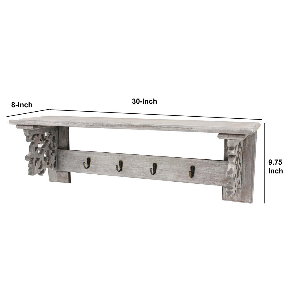 Wooden Wall Shelf with 4 Metal Hooks and Carved Side Frames, Gray - BM218335