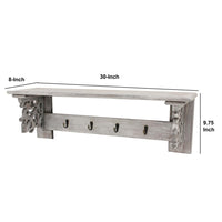 Wooden Wall Shelf with 4 Metal Hooks and Carved Side Frames, Gray - BM218335