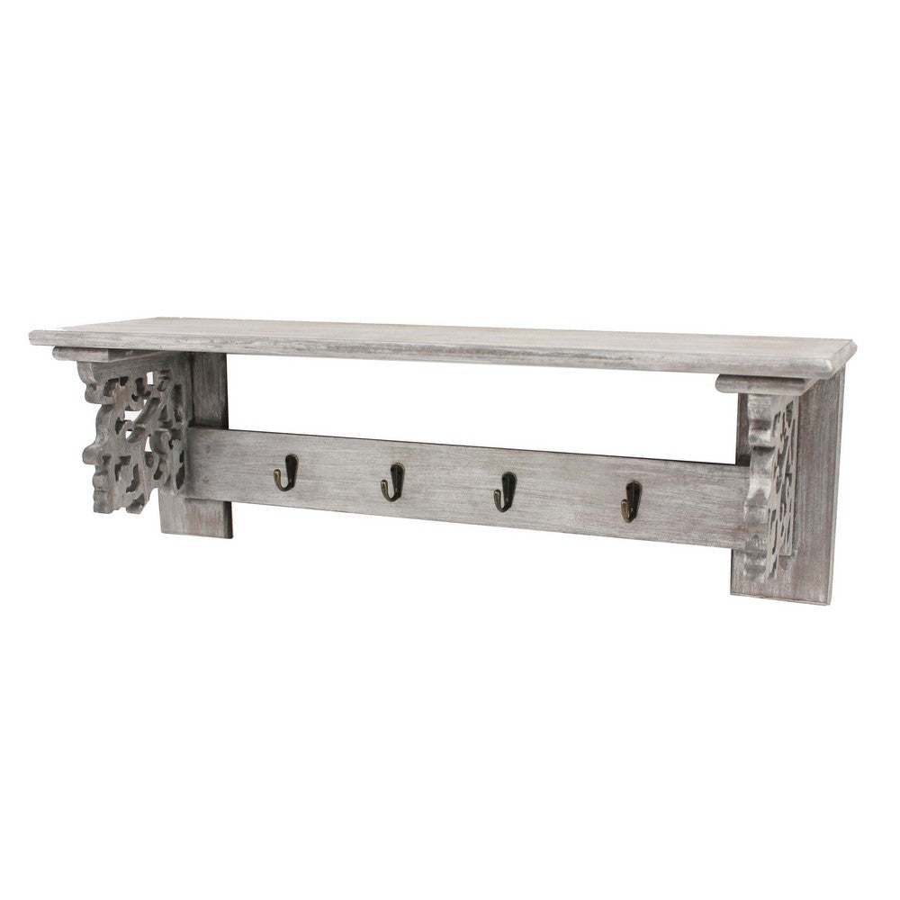 Wooden Wall Shelf with 4 Metal Hooks and Carved Side Frames, Gray - BM218335