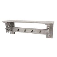 Wooden Wall Shelf with 4 Metal Hooks and Carved Side Frames, Gray - BM218335