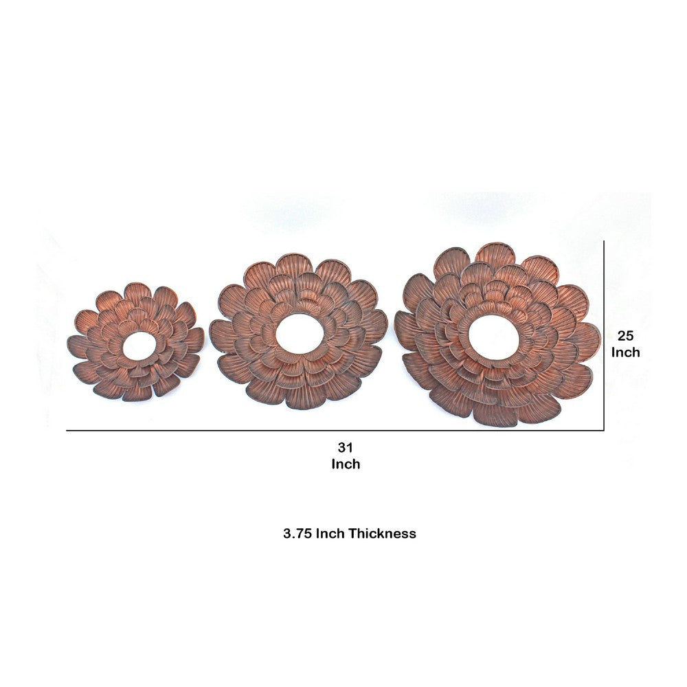 Blooming Metal Flower Wall Decor Mirror, Set of 3, Copper - BM218336