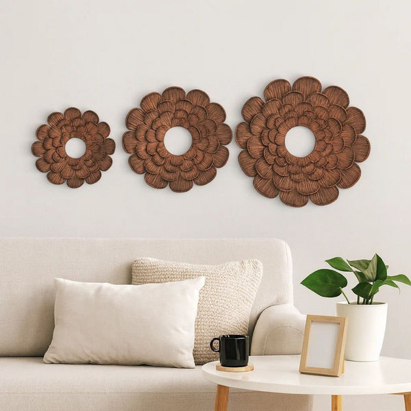 Blooming Metal Flower Wall Decor Mirror, Set of 3, Copper - BM218336
