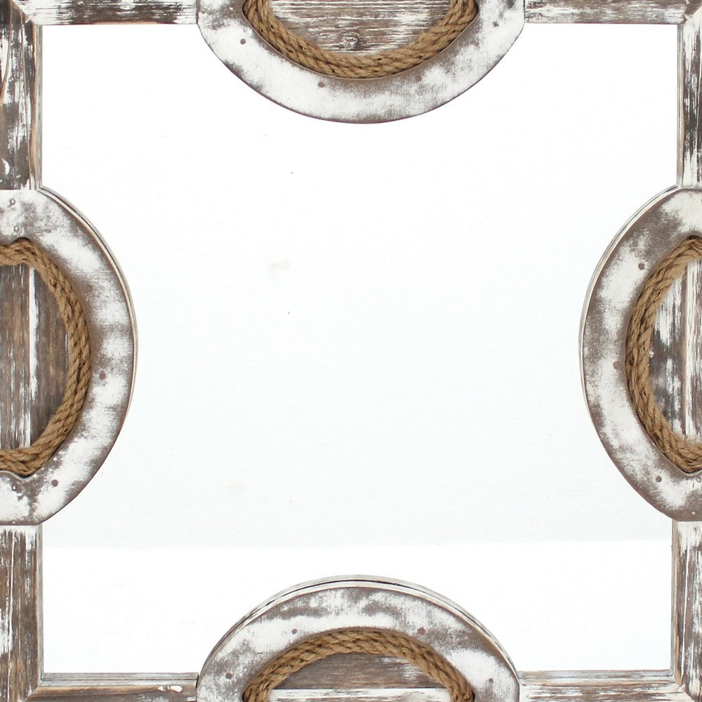 Square Wooden Wall Mirror with Rope Borders, Gray - BM218341