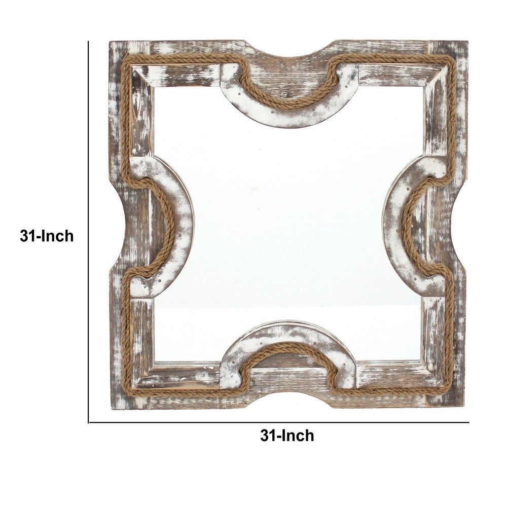 Square Wooden Wall Mirror with Rope Borders, Gray - BM218341