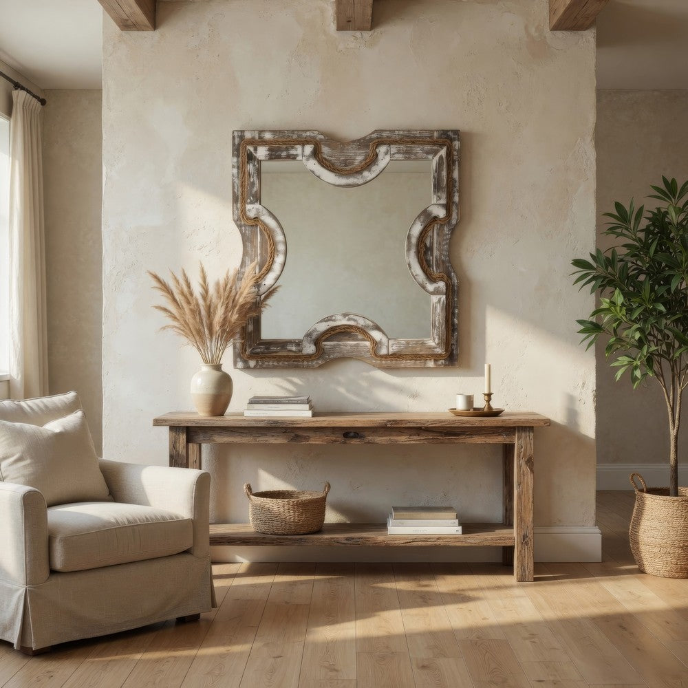 Square Wooden Wall Mirror with Rope Borders, Gray - BM218341