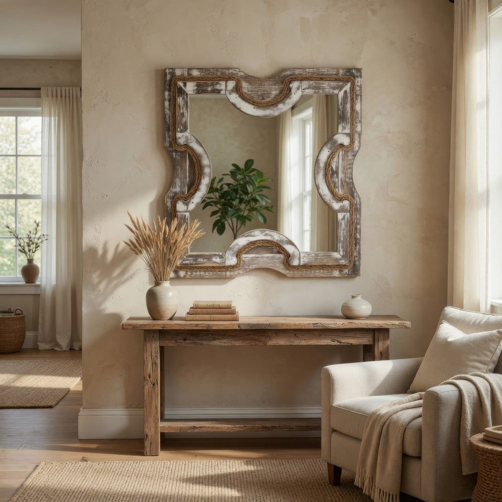 Square Wooden Wall Mirror with Rope Borders, Gray - BM218341