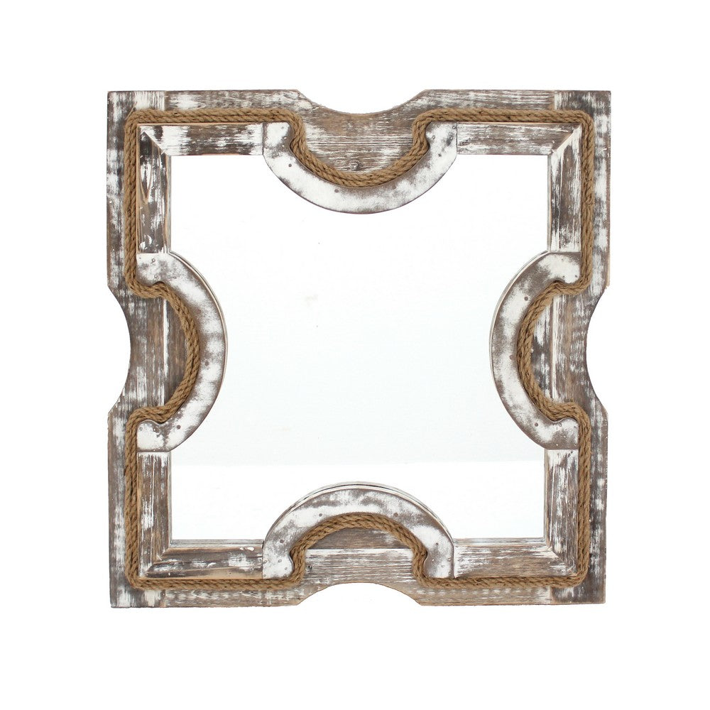 Square Wooden Wall Mirror with Rope Borders, Gray - BM218341