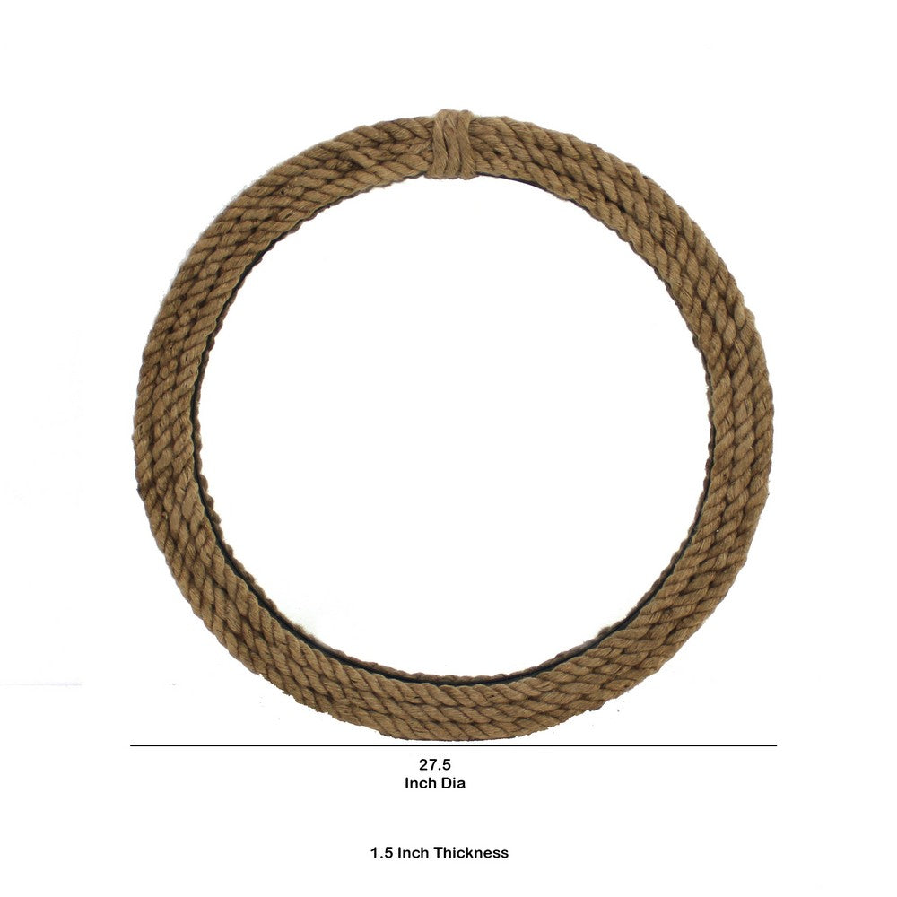 Circular Wall Mirror with Jute Rope Borders, Brown - BM218342