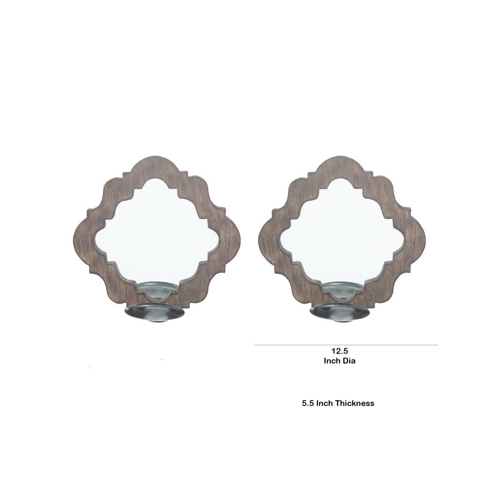 Wooden Candle Holders with Mirror and Quatrefoil Pattern, Set of 2, Brown - BM218346
