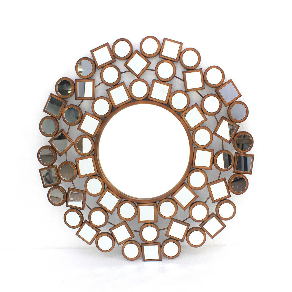 Round Wall Mirror Surrounded by Smaller Round and Square Mirrors, Brown - BM218349