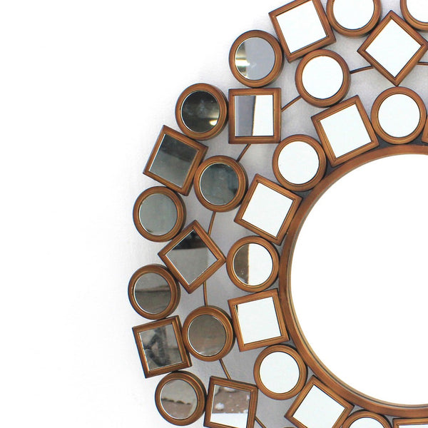 Round Wall Mirror Surrounded by Smaller Round and Square Mirrors, Brown - BM218349