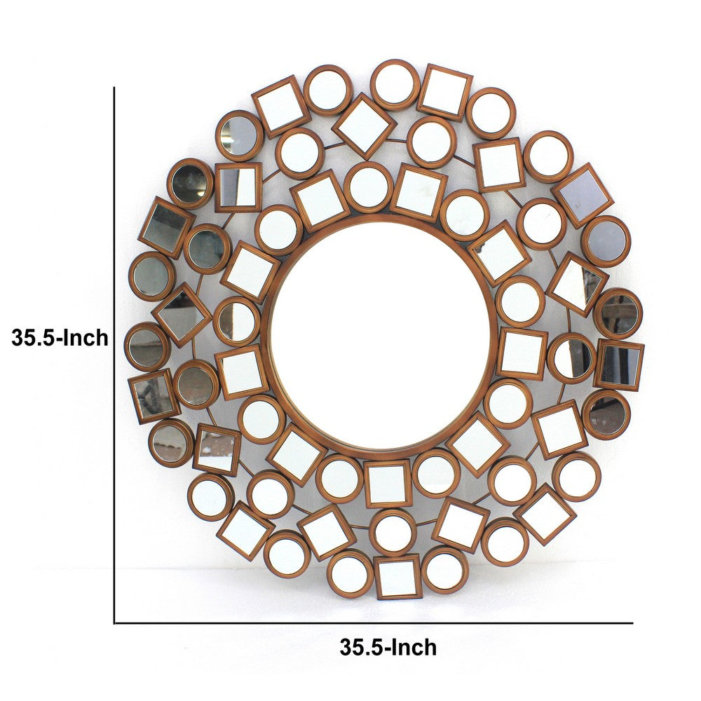 Round Wall Mirror Surrounded by Smaller Round and Square Mirrors, Brown - BM218349