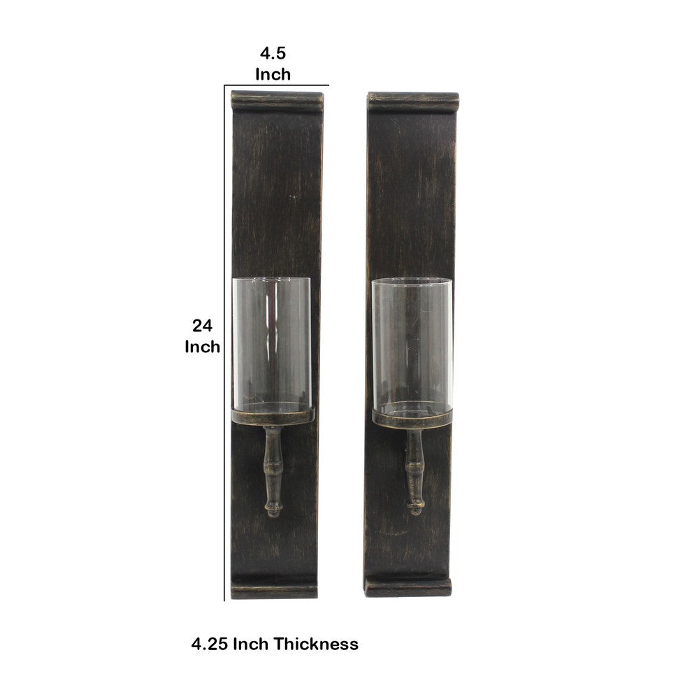 Metal Candle Holder with Cylindrical Glass Hurricane, Set of 2, Bronze - BM218352