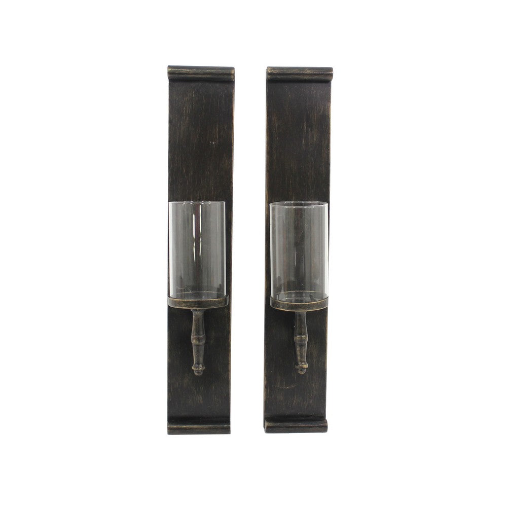 Metal Candle Holder with Cylindrical Glass Hurricane, Set of 2, Bronze - BM218352