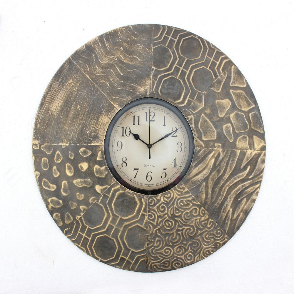Circular Wall Clock with Engraved Textured Frame, Brown - BM218353