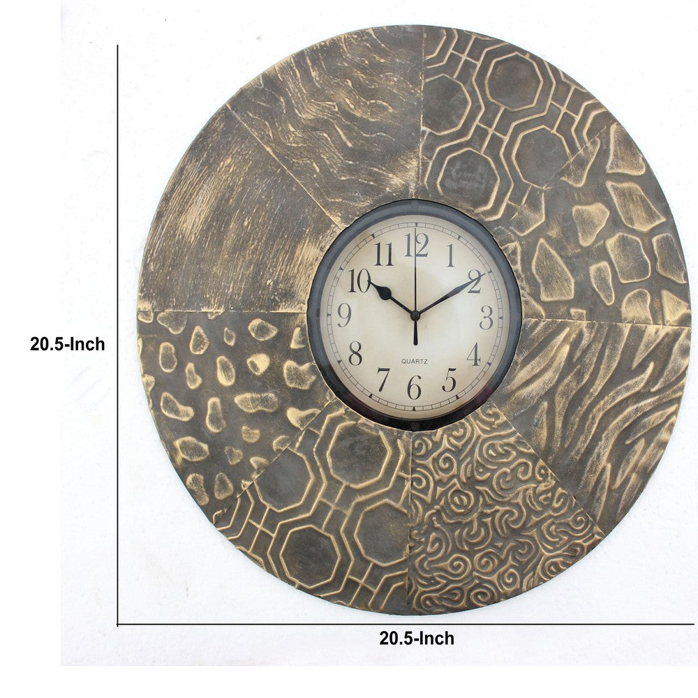 Circular Wall Clock with Engraved Textured Frame, Brown - BM218353