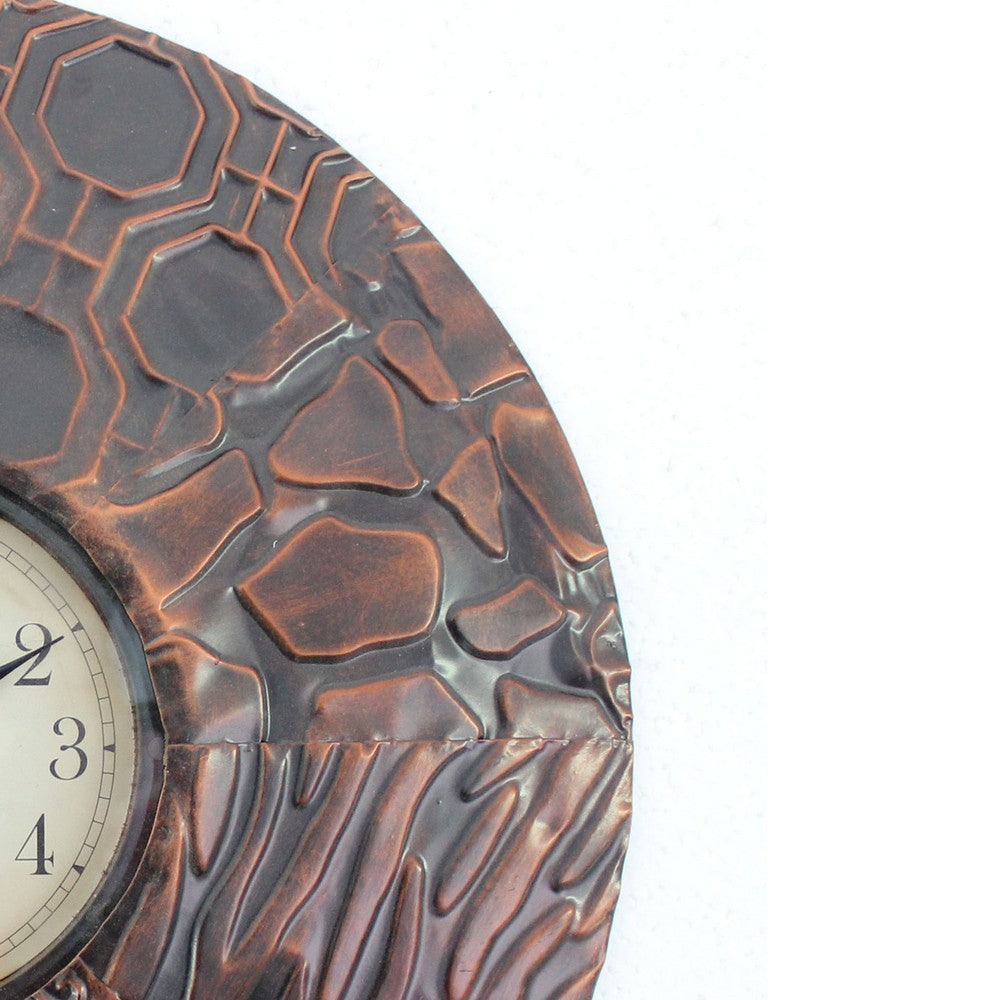 Circular Wall Clock with Engraved Textured Frame, Bronze - BM218354