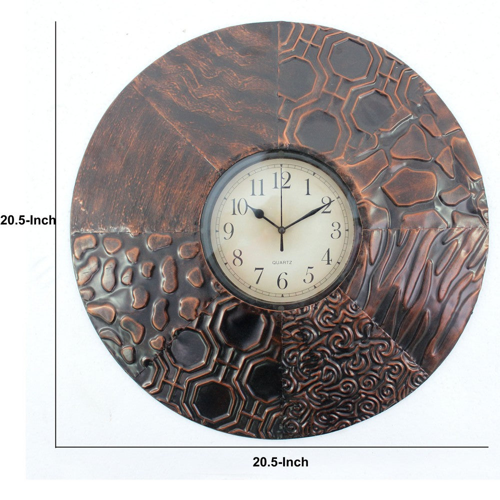 Circular Wall Clock with Engraved Textured Frame, Bronze - BM218354