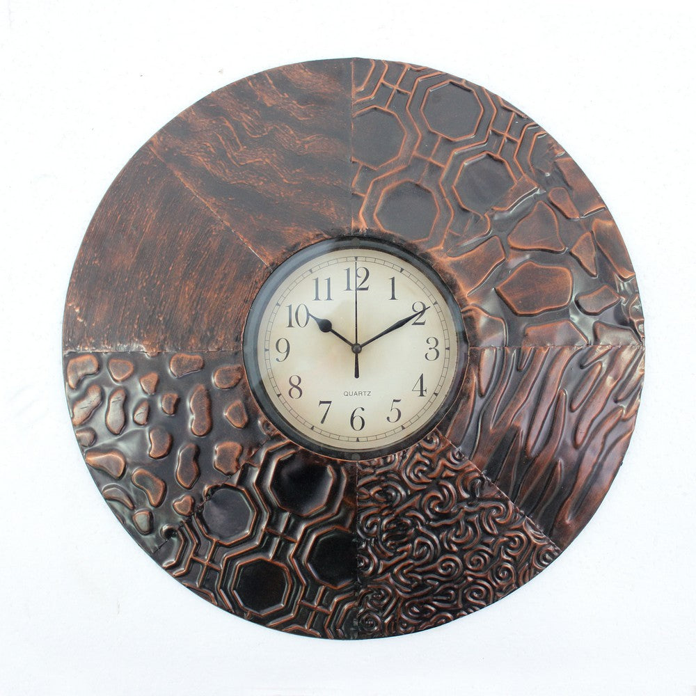 Circular Wall Clock with Engraved Textured Frame, Bronze - BM218354