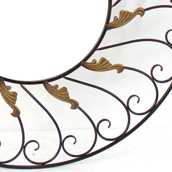 Round Metal Wall Mirror with Scroll Details, Bronze and Gold - BM218356