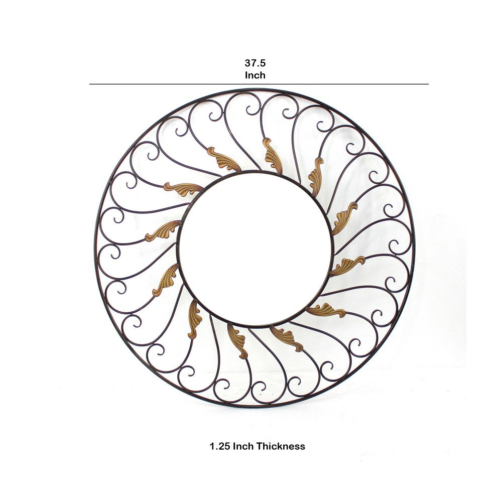Round Metal Wall Mirror with Scroll Details, Bronze and Gold - BM218356