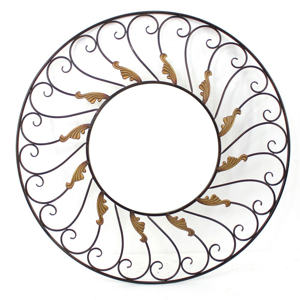 Round Metal Wall Mirror with Scroll Details, Bronze and Gold - BM218356