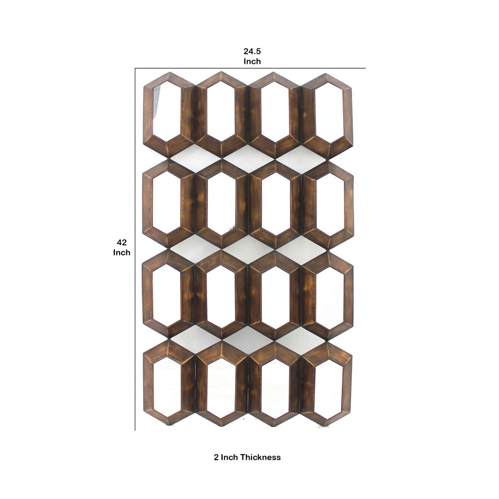 Wall Decor with 16 Vertically Elongated Hexagonal Mirrors, Bronze - BM218357