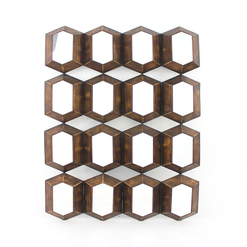 Wall Decor with 16 Vertically Elongated Hexagonal Mirrors, Bronze - BM218357
