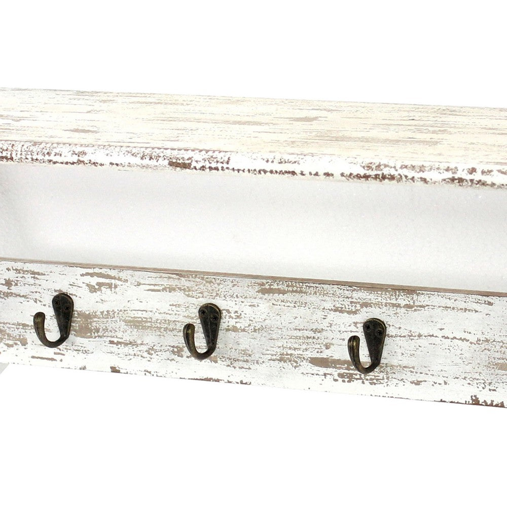 Wooden Wall Shelf with 4 Hooks and Carved Side Frames, Distressed White - BM218361