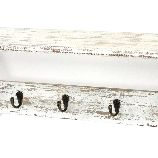 Wooden Wall Shelf with 4 Hooks and Carved Side Frames, Distressed White - BM218361