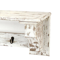 Wooden Wall Shelf with 4 Hooks and Carved Side Frames, Distressed White - BM218361
